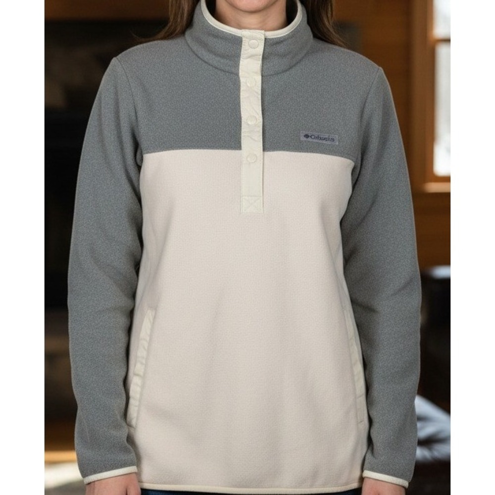 Columbia Women Fleece Pullover Snap Neck‎ Colorblock Gray Cream Pockets Size S